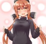  1girl black_bow black_gloves black_headwear black_sweater bow brown_eyes brown_hair commentary_request fingerless_gloves gloves hair_bow kantai_collection long_hair low_twintails papakha solo sweater tashkent_(kancolle) twintails upper_body ver_norma2 