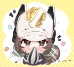  +_+ 1girl animal_ears animal_ears_helmet arknights black_gloves black_jacket blue_flower blush_stickers brown_eyes brown_flower brown_hair commentary_request covered_mouth cropped_torso fake_animal_ears fire_helmet fire_jacket flower gloves highres holding jacket long_sleeves looking_at_viewer pink_flower polka_dot polka_dot_background retxoxt seed shaw_(arknights) signature solo sparkle squirrel_ears squirrel_tail sunflower_seed tail two-tone_background upper_body white_background white_headwear yellow_background 