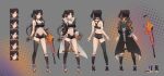 1girl absurdres ass asymmetrical_legwear back bandaid bare_arms bare_shoulders battle_rifle bell black_choker black_coat black_gloves black_hair black_legwear black_shirt black_shorts breasts choker coat collarbone commentary_request crop_top ear_piercing expressions fn_fal from_behind full_body gloves gun highres hip_vent holding holding_gun holding_weapon jingle_bell kirr_rr kneehighs large_breasts long_hair looking_at_viewer micro_shorts midriff mole mole_on_thigh multiple_views navel nero_(shirone) open_clothes open_coat open_fly orange_panties original panties piercing red_eyes revealing_clothes rifle shirt shoes short_shorts shorts single_kneehigh single_thighhigh skindentation sleeveless sleeveless_shirt sneakers standing stomach taut_clothes taut_shirt thighhighs thighs two_side_up underwear very_long_hair wavy_hair weapon 