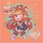  1girl animal_ear_fluff animal_ears bangs blonde_hair blue_jacket blush bow brown_eyes brown_hair chibi chromatic_aberration english_commentary fubkzm hazumi_aileen highres holding holding_microphone indie_virtual_youtuber jacket lion lion_ears lion_girl long_hair mane microphone military military_uniform multicolored_hair pointing skirt solo streaked_hair thighhighs uniform v-shaped_eyebrows virtual_youtuber white_bow white_skirt 