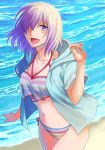  1girl alternate_costume beach bikini blue_jacket blush breasts cleavage collarbone commentary_request dated eyebrows_visible_through_hair fate/grand_order fate_(series) fingernails hair_over_one_eye hood hood_down hooded_jacket jacket light_purple_hair looking_at_viewer mash_kyrielight mash_kyrielight_(swimsuit_of_perpetual_summer_ver.02) medium_breasts multicolored_bikini multicolored_clothes multicolored_swimsuit navel ocean official_alternate_costume one_eye_covered open_clothes open_jacket open_mouth outdoors purple_eyes sand see-through short_hair short_sleeves signature smile solo striped striped_bikini swimsuit thighs tongue water yuuzuki230 