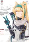  1girl among_us animal_ear_fluff animal_ears arknights artist_name black_bodysuit blonde_hair bodysuit bolt_action bow cat_ears closed_mouth crewmate_(among_us) english_text eyebrows_visible_through_hair fang gamryous girls&#039;_frontline gloves green_bow green_hairband gun hair_bow hairband health_bar highres hitman_(game) jacket light_blush long_hair looking_at_viewer mod3_(girls&#039;_frontline) multicolored_clothes multicolored_gloves ponytail red_eyes rifle russian_flag sanpaku scarf simple_background skin_fang sniper_rifle solo sora_(arknights) sv-98 sv-98_(girls&#039;_frontline) turtleneck upper_body v weapon white_background white_jacket white_scarf 