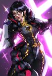  1girl bayonetta bayonetta_(series) bayonetta_3 black_hair braid charmiisan clothing_cutout earrings eyeshadow glasses gloves highres jewelry lipstick long_hair looking_at_viewer makeup mole mole_under_mouth multicolored_hair red_hair simple_background smile solo streaked_hair twin_braids weapon 