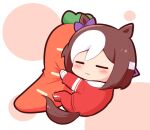  1girl :3 =_= animal_ears braid brown_hair carrot chibi closed_eyes commentary dakimakura_(object) french_braid gomashio_(goma_feet) horse_ears horse_girl horse_tail multicolored_hair pillow red_track_suit solo special_week_(umamusume) tail track_suit two-tone_hair umamusume white_hair 