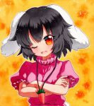  1girl animal_ears bangs black_hair blush breasts carrot_necklace crossed_arms dress eyebrows_visible_through_hair hair_between_eyes hands_up inaba_tewi jewelry looking_at_viewer medium_breasts multicolored_eyes necklace one_eye_closed open_mouth orange_eyes pink_dress pink_sleeves puffy_short_sleeves puffy_sleeves qqqrinkappp rabbit_ears rabbit_tail red_eyes shikishi short_hair short_sleeves simple_background smile solo tail touhou traditional_media yellow_background yellow_eyes 