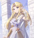  1girl alternate_color bangs bitikara blonde_hair blue_eyes blush bracer circlet dress earrings jewelry long_hair looking_at_viewer necklace pointy_ears princess_zelda simple_background smile solo super_smash_bros. the_legend_of_zelda the_legend_of_zelda:_a_link_between_worlds tiara triforce 