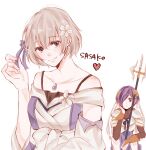  2girls armor bangs bare_shoulders breasts character_name collarbone commentary_request eyebrows_visible_through_hair flower hair_flower hair_ornament hair_over_one_eye hair_ribbon hand_up heart holding holding_weapon kaneki_ken kirishima_touka large_breasts long_sleeves multiple_girls purple_eyes purple_hair purple_ribbon ribbon sasako_(tokyo_ghoul) shiny shiny_hair short_hair simple_background smile tokyo_ghoul tokyo_ghoul:re toukaairab weapon white_flower 