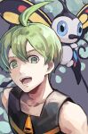  1boy aaron_(pokemon) ahoge bangs bare_arms beautifly collarbone commentary_request green_hair grey_background hair_between_eyes looking_at_viewer male_focus open_mouth pokemon pokemon_(creature) pokemon_(game) pokemon_dppt short_hair sleeveless smile teeth tongue tsukumo_(shiro_bnal) zipper_pull_tab 