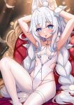  +_+ 1girl :p animal_ear_fluff animal_ears armpits arms_up azur_lane blue_eyes braid breasts couch covered_navel crotchless crotchless_pantyhose fake_animal_ears highleg highleg_leotard highres knee_up le_malin_(azur_lane) le_malin_(listless_lapin)_(azur_lane) legs leotard long_hair official_alternate_costume pantyhose playboy_bunny rabbit_ears silver_hair sitting small_breasts solo thigh_strap thighs tongue tongue_out twin_braids twintails very_long_hair wangqi white_legwear white_leotard wrist_cuffs 
