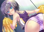  1girl against_wall ass bent_over blue_eyes blush cameltoe cheerleader crop_top endori from_behind grey_hair hair_ornament holding holding_pom_poms looking_at_viewer looking_back lyrical_nanoha mahou_shoujo_lyrical_nanoha mahou_shoujo_lyrical_nanoha_a&#039;s mahou_shoujo_lyrical_nanoha_a&#039;s_portable:_the_battle_of_aces material-d miniskirt panties pleated_skirt pom_pom_(cheerleading) purple_panties shiny shiny_hair shiny_skin short_hair skirt solo standing striped striped_panties underwear x_hair_ornament 