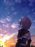  1girl armor from_behind gauntlets gold_trim hairband highres hololive looking_ahead mikan_(chipstar182) multiple_straps outdoors shirogane_noel shirt short_hair shoulder_armor silver_hair solo sunset undershirt virtual_youtuber white_shirt 
