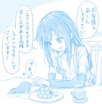  1girl 1other abyssal_ship arm_warmers asashio_(kancolle) blue_theme collared_shirt commentary eyebrows_visible_through_hair food gotou_hisashi heart holding holding_food i-class_destroyer kantai_collection kuchiku_i-kyuu long_hair monochrome muscat open_mouth shirt short_sleeves sitting speech_bubble translated 