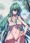  1girl aqua_eyes arm_garter ass_visible_through_thighs blue_sky breasts fingernails frog_hair_ornament green_hair hair_ornament hair_tubes highres kochiya_sanae large_breasts lcc long_hair navel open_mouth outdoors palm_leaf palm_tree sky slingshot_swimsuit snake_hair_ornament solo swimsuit touhou tree v-shaped_eyebrows very_long_hair white_swimsuit wide_hips 