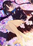  1girl arm_support bangs bare_legs barefoot black_hair black_shirt blazer blue_bow blue_bowtie blurry blurry_background blush bow bowtie branch cherry_blossoms closed_mouth collared_shirt commentary_request depth_of_field eyebrows_visible_through_hair full_body jacket kamizaki_hibana legs long_sleeves looking_at_viewer medium_hair original parted_bangs purple_eyes shirt sidelocks sitting skirt solo thighs two_side_up uniform 