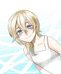  1girl bare_shoulders blonde_hair blue_eyes breasts closed_mouth collarbone dress highres kingdom_hearts kingdom_hearts_ii long_hair looking_at_viewer namine smile solo suzutera_ka white_dress 