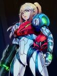  1girl arm_cannon armor bangs blonde_hair blue_eyes datcravat glowing gun helmet highres long_hair looking_at_viewer metroid metroid_dread mole mole_under_mouth ponytail power_armor power_suit samus_aran science_fiction sidelocks simple_background solo visor weapon 