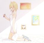  1girl bare_shoulders blonde_hair blue_eyes breasts closed_mouth crayon dress fukube_uni heart highres kingdom_hearts kingdom_hearts_ii long_hair namine painting_(object) paper sandals solo white_dress 