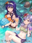 2girls :o absurdres alternate_costume arm_strap ball bangs beachball bikini bikini_top breasts circlet cleavage collarbone commentary commission cup drink drinking_glass english_commentary english_text eyebrows_visible_through_hair fire_emblem fire_emblem:_path_of_radiance fire_emblem:_radiant_dawn fire_emblem_heroes flower frilled_bikini frills green_bikini green_eyes green_swimsuit hair_flower hair_intakes hair_ornament hairband haru_(nakajou-28) highres holding holding_cup ilyana_(fire_emblem) innertube leaf long_hair looking_at_viewer medium_breasts mia_(fire_emblem) mismatched_bikini multiple_girls navel official_alternate_costume orange_bikini orange_flower orange_swimsuit parted_lips purple_eyes purple_hair purple_skirt red_flower rock sitting skirt smile swimsuit swimsuit_skirt tied_hair twitter_username wading water white_hairband 