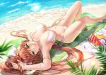  1girl arm_up armpits artist_name barefoot beach bikini blanket blurry blurry_foreground breasts brown_hair collarbone commentary commission depth_of_field doki_doki_literature_club english_commentary food fruit green_eyes green_nails hair_ribbon halterneck hand_on_own_thigh highres large_breasts lens_flare long_hair looking_at_viewer lying monika_(doki_doki_literature_club) navel on_back potetos7 ribbon sand side-tie_bikini smile solo string_bikini swimsuit tray very_long_hair water watermelon_slice white_bikini white_ribbon 