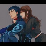  1boy 1girl absurdres alternate_hairstyle animal_collar behind_another blue_bodysuit blue_hair bodysuit brown_hair closed_eyes collar cu_chulainn_(fate) cu_chulainn_(fate/extra) earrings fate/extra fate_(series) from_side hair_down hair_in_mouth highres hug hug_from_behind jewelry kishinami_hakuno_(female) long_hair long_sleeves looking_back open_mouth red_eyes simple_background skin_tight spiked_hair uniwa_mochikawa 