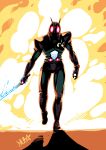  1boy armor energy_sword explosion full_body gauntlets helmet highres holding holding_sword holding_weapon kamen_rider kamen_rider_black_rx kamen_rider_black_rx_(series) male_focus pauldrons ryuusei_(mark_ii) shoulder_armor solo sword walking weapon 