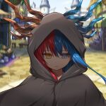  1girl bangs blue_eyes blue_fire blue_hair blue_horns blurry blurry_background bright_pupils castle cloak commission commissioner_upload day dragon_girl dragon_horns expressionless eyebrows_visible_through_hair fire food heterochromia highres hood hood_up hooded_cloak horns inferna_dragnis long_hair looking_at_viewer market market_stall monster_girl multicolored_hair original outdoors pale_skin shaded_face shield solo split-color_hair standing two-tone_hair usagi1923 white_pupils 