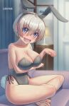  1girl :d absurdres animal_ears arm_under_breasts artist_name bangs bare_shoulders barefoot black_leotard blue_eyes blurry blurry_background blush breasts cleavage collarbone commentary couch curtains english_commentary fake_animal_ears fake_tail fang hair_between_eyes heart heart-shaped_pupils highleg highleg_leotard highres hungrydurp indian_style lamp large_breasts leaning_forward leotard living_room looking_at_viewer naughty_face nose on_couch open_mouth paw_pose playboy_bunny rabbit_ears rabbit_tail ringed_eyes short_hair silver_hair sitting skin_fang sleeveless smile soles solo strapless strapless_leotard symbol-shaped_pupils tail thighs uzaki-chan_wa_asobitai! uzaki_hana v-shaped_eyebrows 