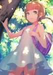  1girl backpack bag bangs bare_arms bare_shoulders blunt_bangs blush braid brown_hair collarbone commentary_request commission dappled_sunlight day dress flat_chest forest highres light_rays looking_at_viewer nature no_panties original outdoors panties panties_removed parted_lips randoseru skeb_commission sleeveless sody solo sunlight tree twin_braids underwear white_dress white_panties 