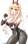  1girl alternate_costume animal_ears azur_lane black_gloves black_legwear black_leotard blonde_hair breasts cleavage commentary cross_hair_ornament detached_collar elbow_gloves eyebrows_visible_through_hair fake_animal_ears fake_tail fangs gloves gudon_(iukhzl) hair_between_eyes hair_ornament highres horns kumano_(azur_lane) large_breasts leotard looking_at_viewer oni_horns pantyhose playboy_bunny purple_eyes rabbit_ears rabbit_tail simple_background solo standing strapless strapless_leotard tail white_background wrist_cuffs 