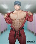  1boy abs artist_name bangs bara bare_pectorals belt belt_buckle black_belt black_hair brown_eyes buckle closed_mouth highres hood hood_down hooded_jumpsuit jumpsuit large_pectorals looking_at_viewer male_focus male_pubic_hair muscular muscular_male navel nipples open_belt open_clothes open_jumpsuit otokobara patreon_username pectorals pubic_hair red_jumpsuit short_hair solo squid_game wi_ha-joon 