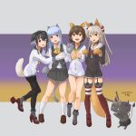  4girls absurdres amatsukaze_(kancolle) animal_ears animal_hands beaver_ears black_hair black_legwear blue_hair blue_sailor_collar bow bowtie brown_dress brown_eyes brown_hair cat_ears cat_tail dog_ears dog_tail dress dress_shirt full_body garter_straps gloves green_eyes grey_neckerchief grey_skirt grey_vest hair_tubes hatsukaze_(kancolle) highres hime_cut kantai_collection long_hair long_sleeves multiple_girls neckerchief open_mouth pantyhose paw_gloves pleated_skirt red_legwear rensouhou-kun round_teeth rudder_footwear sailor_collar sailor_dress shirt short_dress short_hair short_hair_with_long_locks sidelocks silver_hair skirt smokestack_hair_ornament striped striped_legwear tail teeth thighhighs tokitsukaze_(kancolle) two_side_up upper_teeth vest white_dress white_sailor_collar windsock yellow_bow yellow_bowtie yellow_neckerchief yukikaze_(kancolle) yuushou 