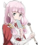  +_+ 1girl fire_emblem fire_emblem_fates hair_ornament harukawa_(aonori1022) hime_cut holding holding_pen japanese_clothes looking_at_viewer lowres mitama_(fire_emblem) pen pink_hair simple_background upper_body white_background 