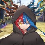  1girl bangs blue_eyes blue_fire blue_hair blue_horns blurry blurry_background bright_pupils castle cloak commission commissioner_upload day dragon_girl dragon_horns expressionless eyebrows_visible_through_hair fire food heterochromia highres hood hood_up hooded_cloak horns inferna_dragnis long_hair looking_at_viewer market market_stall monster_girl multicolored_hair original outdoors pale_skin shield solo split-color_hair standing two-tone_hair usagi1923 white_pupils 