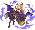  1girl :d ark_order bangs black_corset black_gloves black_legwear blonde_hair blue_bow bow briefcase cape card center_frills corset credit_card dango_remi demon_girl demon_horns demon_tail demon_wings dollar_bill dollar_hair_ornament dollar_sign elbow_gloves flat_chest frills full_body garter_straps gloves gold_bar hair_bow hair_ornament high_heels holding holding_card horns lace-trimmed_legwear lace_trim long_hair looking_at_viewer mammon_(ark_order) money official_art open_mouth pointy_ears purple_cape purple_skirt red_bow red_footwear shirt shoes skirt sleeveless sleeveless_shirt smile solo suitcase tachi-e tail thighhighs transparent_background very_long_hair white_shirt wings yellow_eyes 