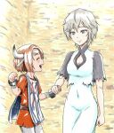  2girls anbj bandages blue_eyes breasts brown_hair closed_mouth cosplay dress holding_hands horns ico ico_(character) multiple_girls open_mouth short_hair silver_hair smile white_dress yorda 