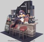  1girl :p absurdres ahoge apron black_gloves blue_eyes breasts cafe chair chunrijun_(springer) cleavage commentary_request crossed_ankles dress fingerless_gloves full_body girls&#039;_frontline girls&#039;_frontline_neural_cloud gloves hair_ornament high_heels highres long_hair looking_at_viewer medium_breasts menu official_art on_counter puffy_sleeves purple_hair russian_text short_sleeves sitting sitting_on_hair smile solo stechkin_(girls&#039;_frontline) thighhighs tongue tongue_out translated very_long_hair waitress waving white_apron yellow_dress 