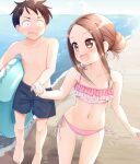  1boy 1girl :d bangs barefoot beach bikini blush brown_eyes brown_hair forehead frilled_bikini frills hair_bun highres holding_hands karakai_jouzu_no_takagi-san male_swimwear medium_hair navel nishikata ocean open_clothes open_mouth outdoors parted_bangs pink_bikini pink_swimsuit short_hair side-tie_bikini sidelocks smile spiked_hair swim_trunks swimsuit takagi-san wari_(nirodo26) water 