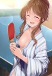  1girl areola_slip areolae bangs bath_yukata blush breasts brown_eyes brown_hair collarbone commentary_request eyebrows_visible_through_hair hair_bun highres holding idolmaster idolmaster_cinderella_girls indoors japanese_clothes kimono long_hair mk_(mod0) no_bra open_clothes open_mouth paddle sidelocks small_breasts smile solo sweat table_tennis table_tennis_net table_tennis_paddle takamori_aiko tied_hair yukata 