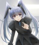  1girl :o black_shirt blue_necktie collared_shirt cureecoolan eyebrows_visible_through_hair flat_chest grey_eyes grey_jacket jacket juliet_sleeves long_sleeves looking_at_viewer military military_uniform muvluv muvluv_alternative necktie open_hand open_mouth puffy_sleeves shirt silver_hair solo twintails uniform yashiro_kasumi 