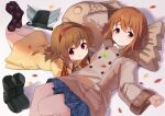  2girls argyle argyle_legwear backpack backpack_removed bag boots boots_removed brown_eyes brown_hair buttons coat crossover double-breasted eyebrows_visible_through_hair food fur-trimmed_coat fur_trim hagiwara_yukiho hairband head_rest idolmaster idolmaster_(classic) kanon leaf long_hair look-alike looking_at_viewer lying maple_leaf miniskirt multiple_girls on_back on_stomach pleated_skirt red_eyes red_hairband short_hair skirt smile tagame_(tagamecat) taiyaki the_pose tsukimiya_ayu wagashi winter_clothes 