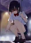  1girl bangs bare_legs black_hair blue_sky blush bow bowtie brown_footwear cellphone closed_mouth commentary_request eyebrows_visible_through_hair holding holding_umbrella kamizaki_hibana miniskirt original phone picking_up pleated_skirt purple_eyes rain red_bow red_bowtie school_uniform shirt shoes short_sleeves sidelocks skirt sky smartphone solo squatting transparent transparent_umbrella two_side_up umbrella white_shirt 