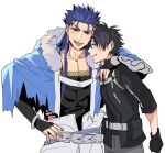  2boys arm_around_shoulder belt black_hair blue_eyes blue_hair bracelet capelet collarbone cu_chulainn_(caster)_(fate) cu_chulainn_(fate) earrings fate/grand_order fate_(series) fujimaru_ritsuka_(male) fur-trimmed_hood fur_trim gloves grin hand_on_hip hood hood_down hooded_capelet jewelry long_hair looking_at_viewer male_focus multiple_boys multiple_piercings nozawa open_mouth pectoral_cleavage pectorals polar_chaldea_uniform red_eyes short_hair short_sleeves simple_background single_vambrace smile spiked_hair vambraces 