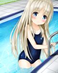  1girl 71139 blue_eyes blue_swimsuit blush brown_hair covered_navel highres kud_wafter ladder little_busters! long_hair noumi_kudryavka one-piece_swimsuit outdoors partially_submerged pool school_swimsuit smile solo swimsuit thighs water 