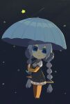  1girl black_dress blue_eyes blush_stickers bouncing braid chibi commentary dress elbow_gloves falling_star fingerless_gloves full_body gloves grey_hair hair_tubes highres holding holding_umbrella kizuna_akari konohoshi long_hair looking_at_viewer night night_sky orange_gloves orange_legwear sky smile solo standing star_(sky) striped striped_gloves striped_legwear symbol-only_commentary twin_braids umbrella very_long_hair vocaloid voiceroid 