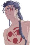  1boy angry blue_hair bodypaint collarbone cu_chulainn_(fate) cu_chulainn_alter_(fate/grand_order) dark_blue_hair dark_persona earrings facepaint fate/grand_order fate_(series) jewelry long_hair looking_at_viewer looking_down male_focus muscular muscular_male nozawa ponytail red_eyes sharp_teeth simple_background slit_pupils solo spiked_hair teeth topless_male 