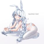  1girl absurdres animal_ear_fluff animal_ears ass azur_lane blue_eyes braid butt_crack fake_animal_ears full_body happy_birthday high_heels highres kneeling le_malin_(azur_lane) le_malin_(listless_lapin)_(azur_lane) leaning_forward leotard long_hair official_alternate_costume outstretched_arms pantyhose playboy_bunny rabbit_ears rabbit_tail shoes silver_hair simple_background solo tail thigh_strap thighs twin_braids twintails very_long_hair white_background white_footwear white_legwear white_leotard wrist_cuffs yume_(454565427) 