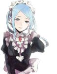  1girl adjusting_hair bangs black_dress blue_hair breasts center_frills dress fire_emblem fire_emblem_fates flora_(fire_emblem) forehead frills grey_eyes grin hand_in_hair harukawa_(aonori1022) long_sleeves looking_at_viewer lowres maid maid_headdress medium_breasts medium_hair open_mouth sidelocks simple_background sketch smile solo teeth twintails upper_body white_background 