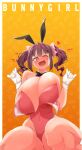  1girl animal_ears asahina_rin bangs bare_shoulders blush breasts brown_hair carrot cleavage covered_nipples detached_collar english_text fake_animal_ears fang gloves highres huge_breasts idolmaster idolmaster_relations long_hair one_eye_closed open_mouth rabbit_ears sidelocks smile solo tongue toudori twintails unaligned_breasts white_gloves 