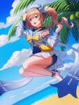  1girl absurdres bag barbara_(genshin_impact) barbara_(summertime_sparkle)_(genshin_impact) beach bird blonde_hair blue_eyes blue_sky choker coconut_tree corgi_(corgi0322) drill_hair duck full_body genshin_impact hat highres long_sleeves one-piece_swimsuit open_mouth palm_tree sailor_hat sky smile swimsuit tree twin_drills twintails 