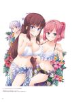  2017 3girls bikini blue_eyes blush breasts brown_hair closed_mouth collarbone flower green_eyes hair_flower hair_intakes hair_ornament hairband halterneck hibiscus highres large_breasts long_hair looking_at_viewer mochizuki_momiji multiple_girls navel new_game! official_art open_mouth page_number pink_flower ponytail purple_eyes red_flower red_hair sarong shiny shiny_hair short_hair silver_hair suzukaze_aoba swimsuit takimoto_hifumi tokunou_shoutarou twintails very_long_hair white_background white_bikini white_hairband yellow_flower 